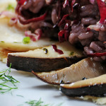 closeup of radicchio risotto, cardoncelli and pecorino slub